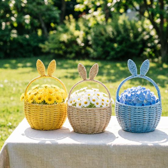Flower Arrangement Basket, with Built-in Waterproof Lining Design, Weaving Cute Bunny Ear Handle Floral Basket for Wedding Camping