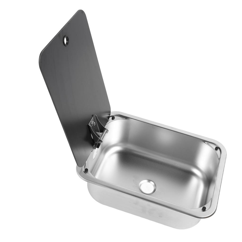 RV Single Bowl Bar Sink 15 X 11 X 5.4in Square Stainless Steel with Tempered Glass Lid and 40mm Drain Hole for Caravan
