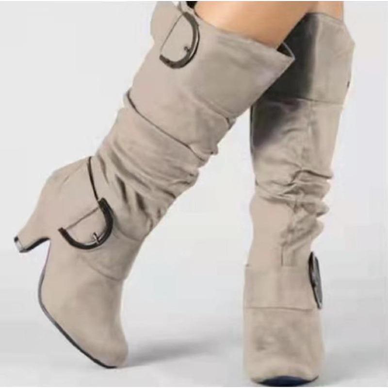 

Женские ботфорты с пряжкой и плиссировкой, новые осенне-зимние замшевые удобные ботинки на высоком каблуке, женские ботинки больших размеров 42