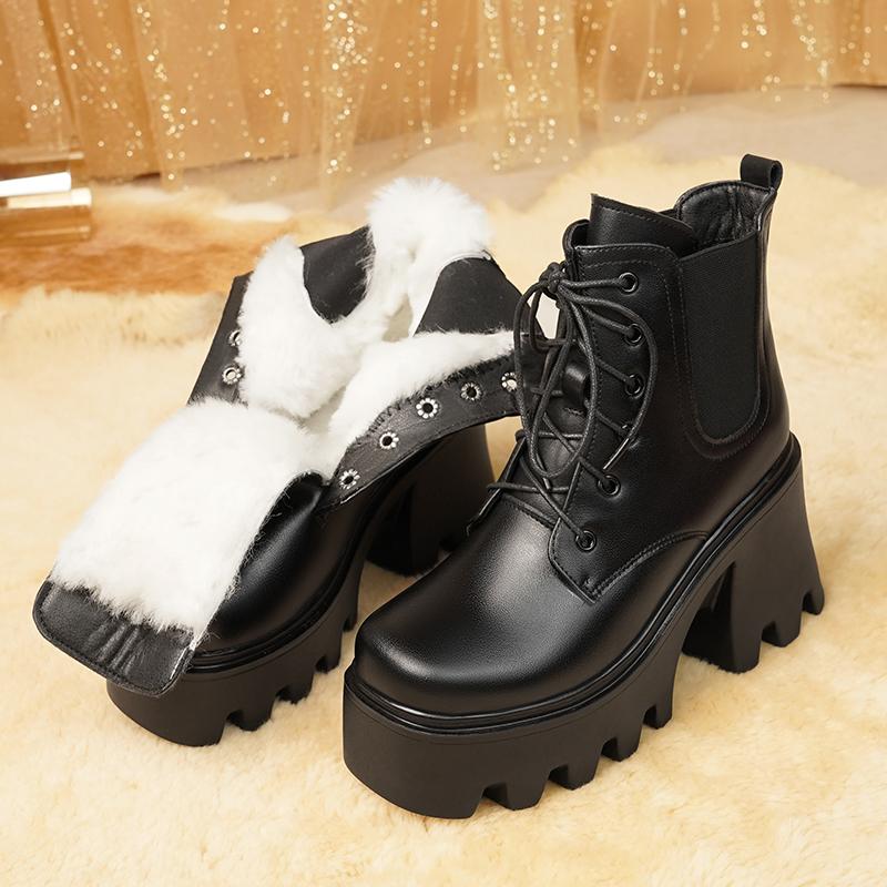 Damen Winterstiefel High Heel Plateau Damen Stiefeletten Mode Naturwolle Warm Damen Booties