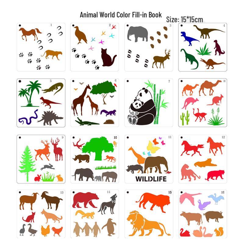 Cartoon Animal Stencil Set, 16 Styles - Kids' Hollow Painting Templates