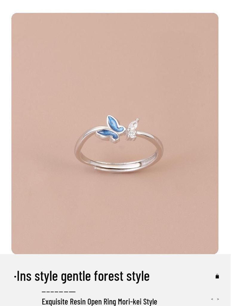 S925 Sterling Silver Blue Butterfly Open Ring: Women's Fashionable High-End Index Finger Accessory