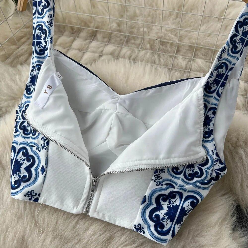 Elegant Porcelain Pattern Two Piece Set Women Flower Print Short Crop Top Pleated Maxi Skirt Suits Female Patchwork Vintage Strap Sets 2024