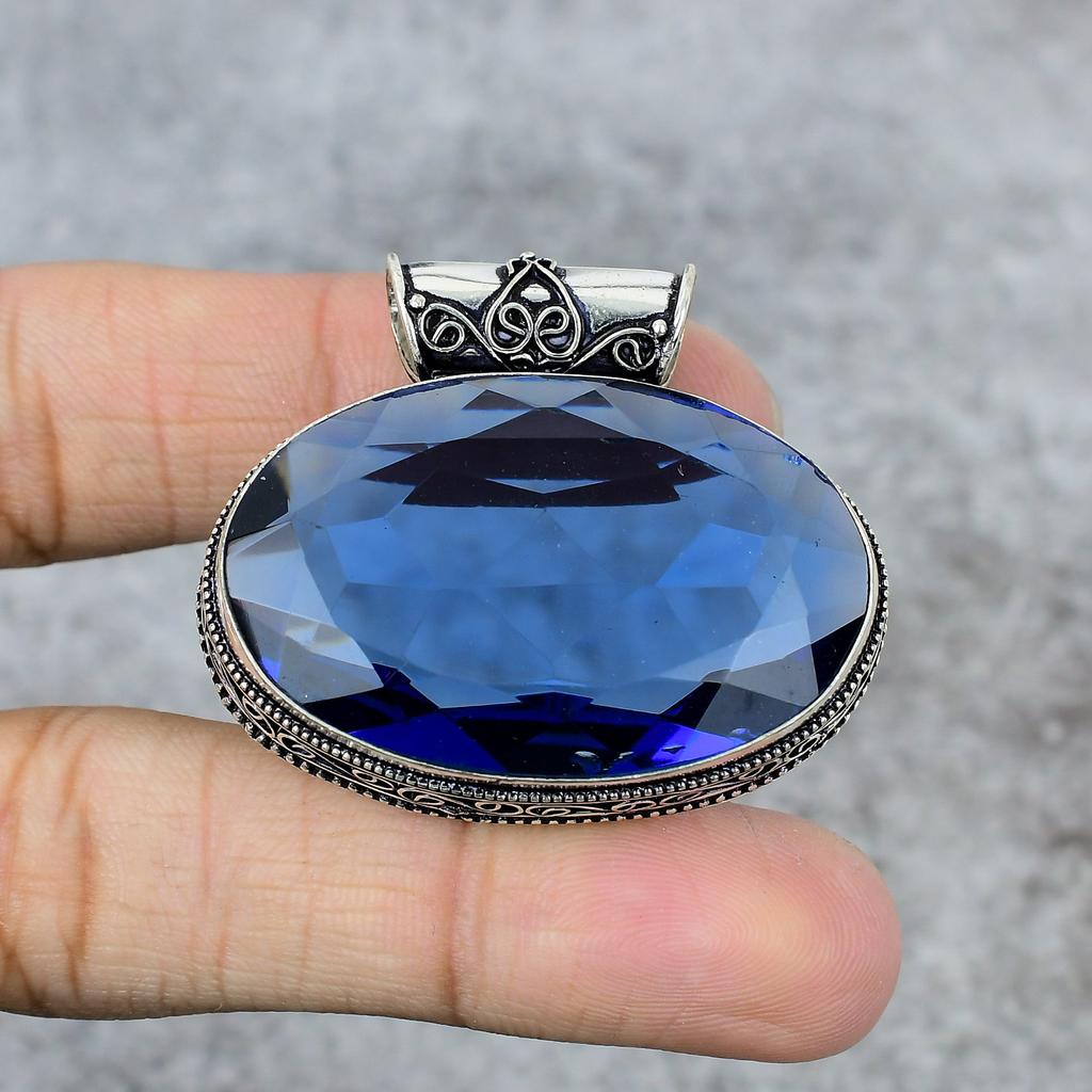 London Blue Topaz Gemstone Handmade 925 Steling Silver Pendant 1.46" M-241
