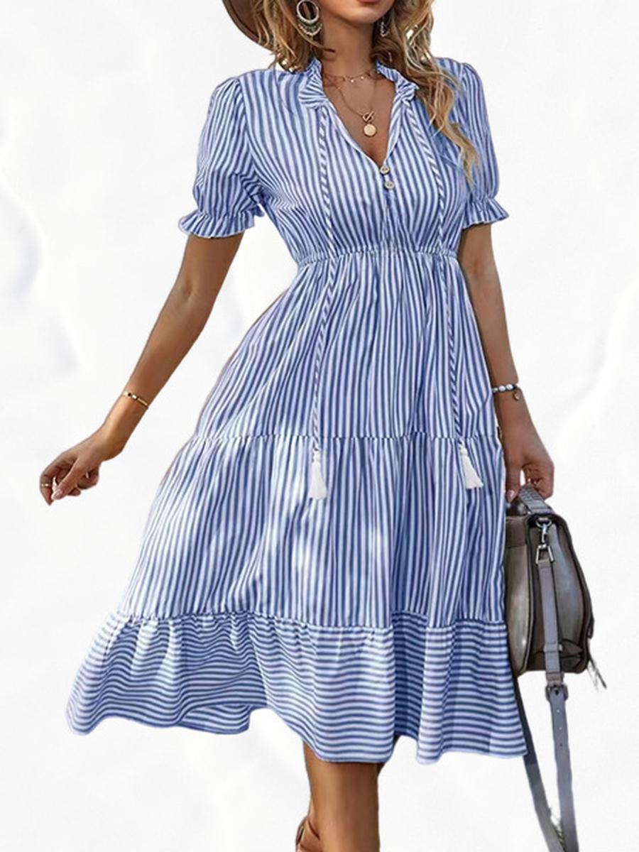 Hot Selling Women s Striped Dress V-Neck Elastic Waist Short Sleeve A-Line Dress S синий