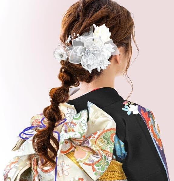 hair accessory set for furisode white lace and perfect for and other Japanese or including visiting and other stylish kimonos Two-piece coming-of-age