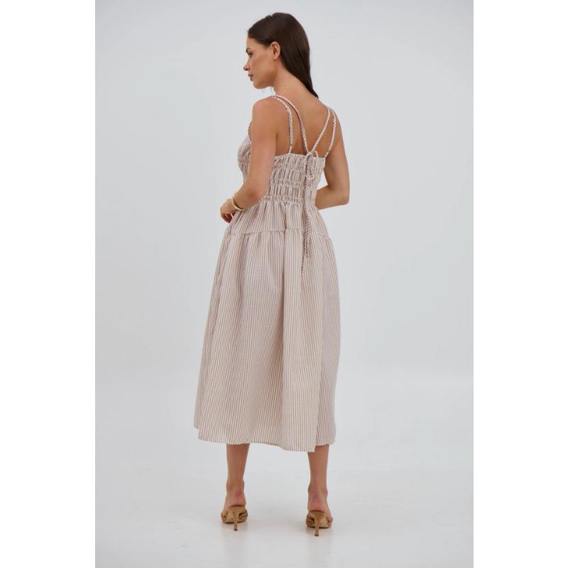 Women Sexy Loose Striped Suspender High Waist Slimming Commuting Midi Dress