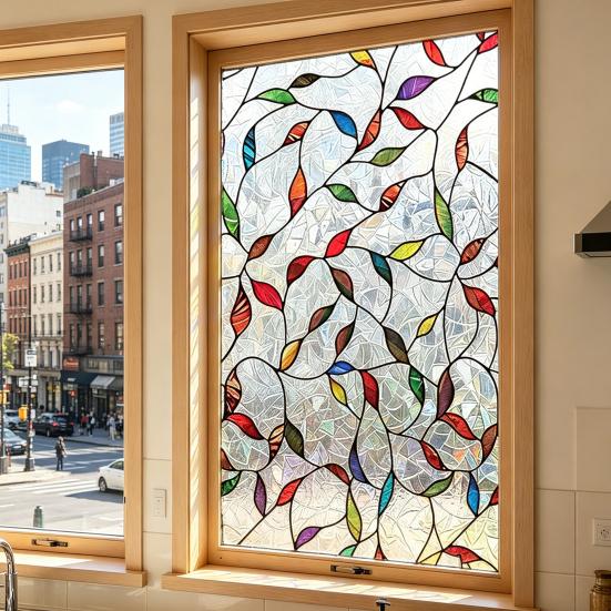 Buntglas Fensterfolie Regenbogen Floral Fenster Sichtschutzfolie Dekorativ Sonnenschutz Statisch Haftende Glasfolie für Haus Tür Fenster
