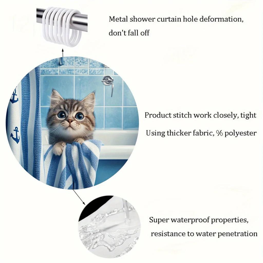 Adorable Kitten in Nautical Shower Curtain - Blue & White Anchor Design for Cozy Bathroom Décor, Waterproof & Easy Care