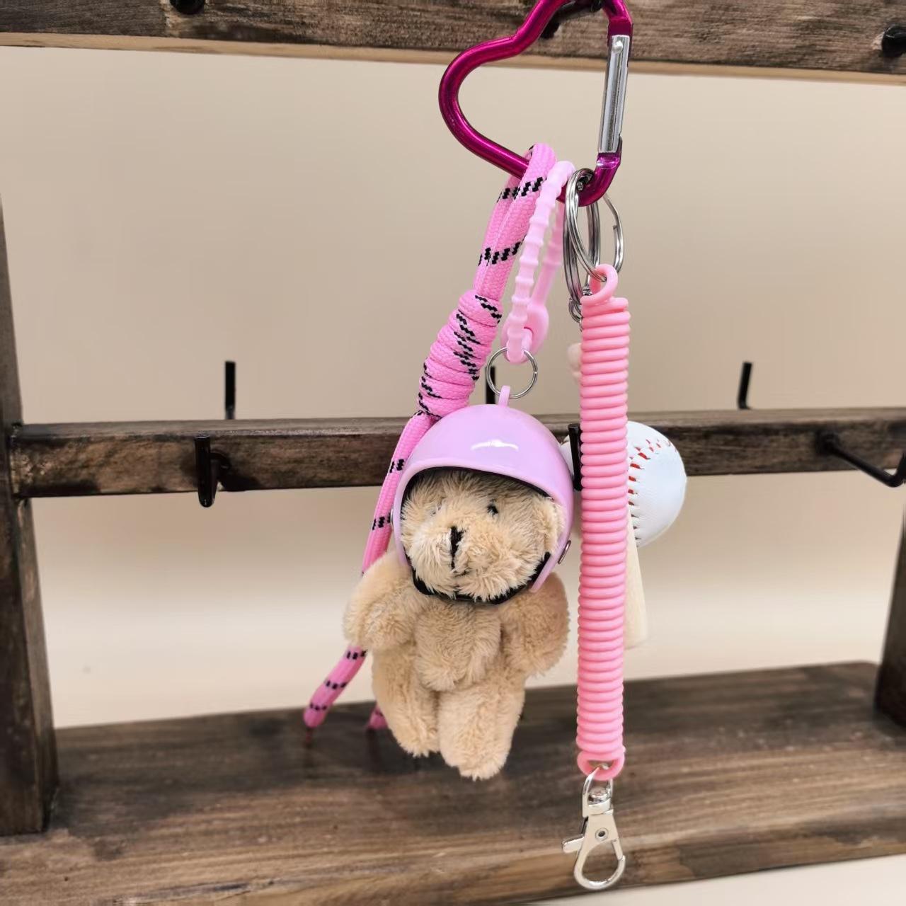 

Cute Plush Teddy Bear Keychain Set with Motorcycle Helmet Baseball Bat Charm & Coil Lanyard -Kawaii Style Hanging Accessory Gift