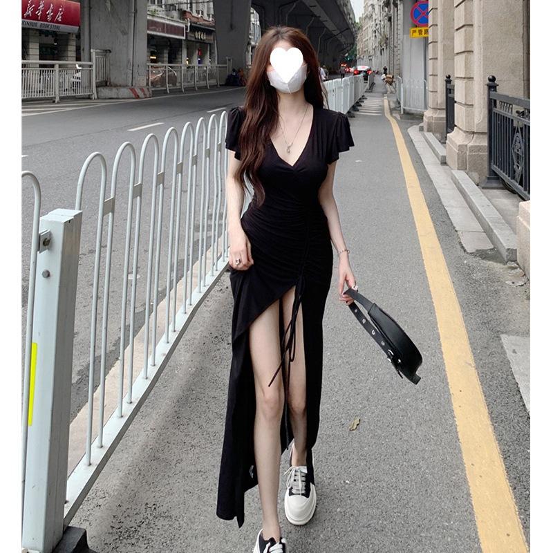 High cold imperial sister style temperament v-neck drawstring slim and thin hip-wrapped sexy split-ended long dress summer