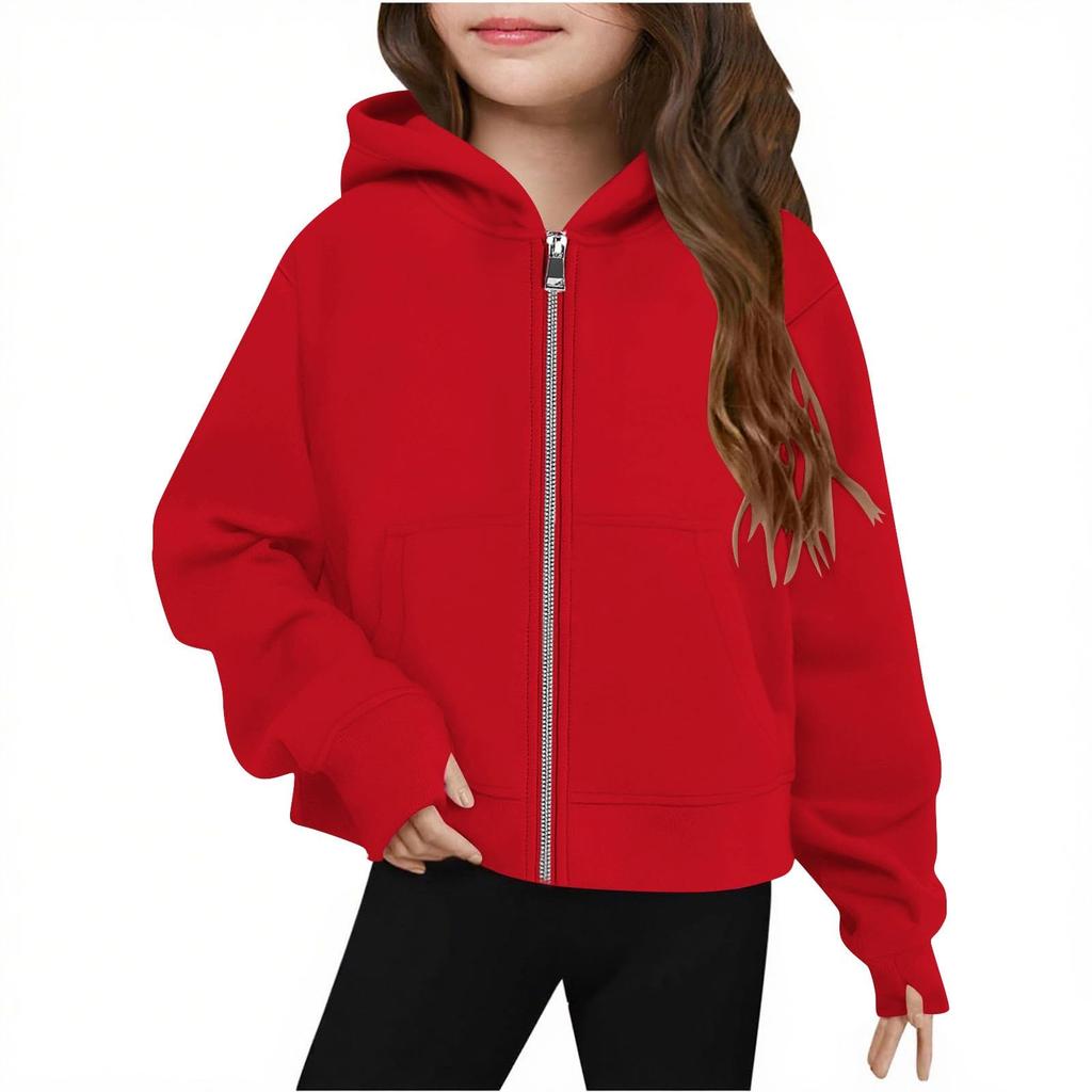 Girls' Big Kids Zip-Up Hoodie Long Sleeve Color Hooded Sweatshirt for Casual Wear