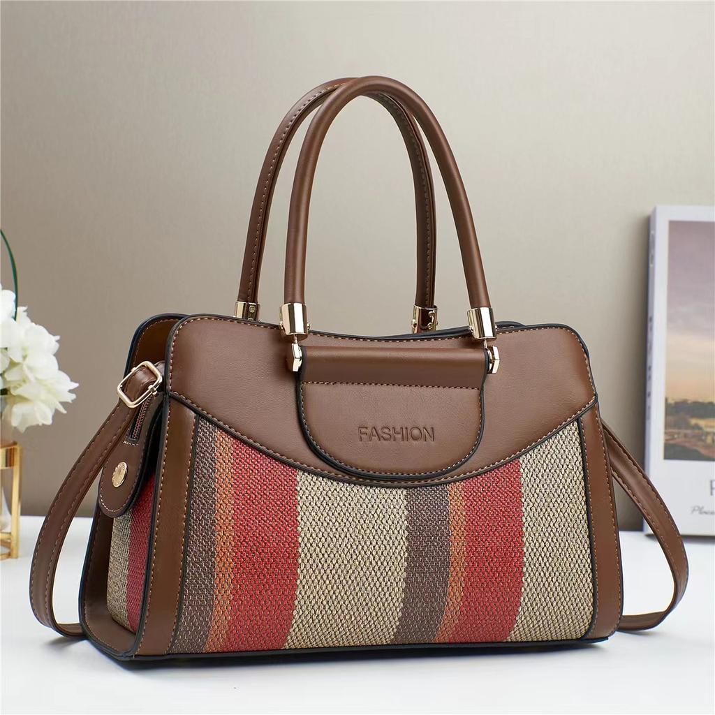Women's Tote Bag with Brown and White Striped Design, Casual Handbag Large Capacity Top-Handle Bag For Commuting Shopping