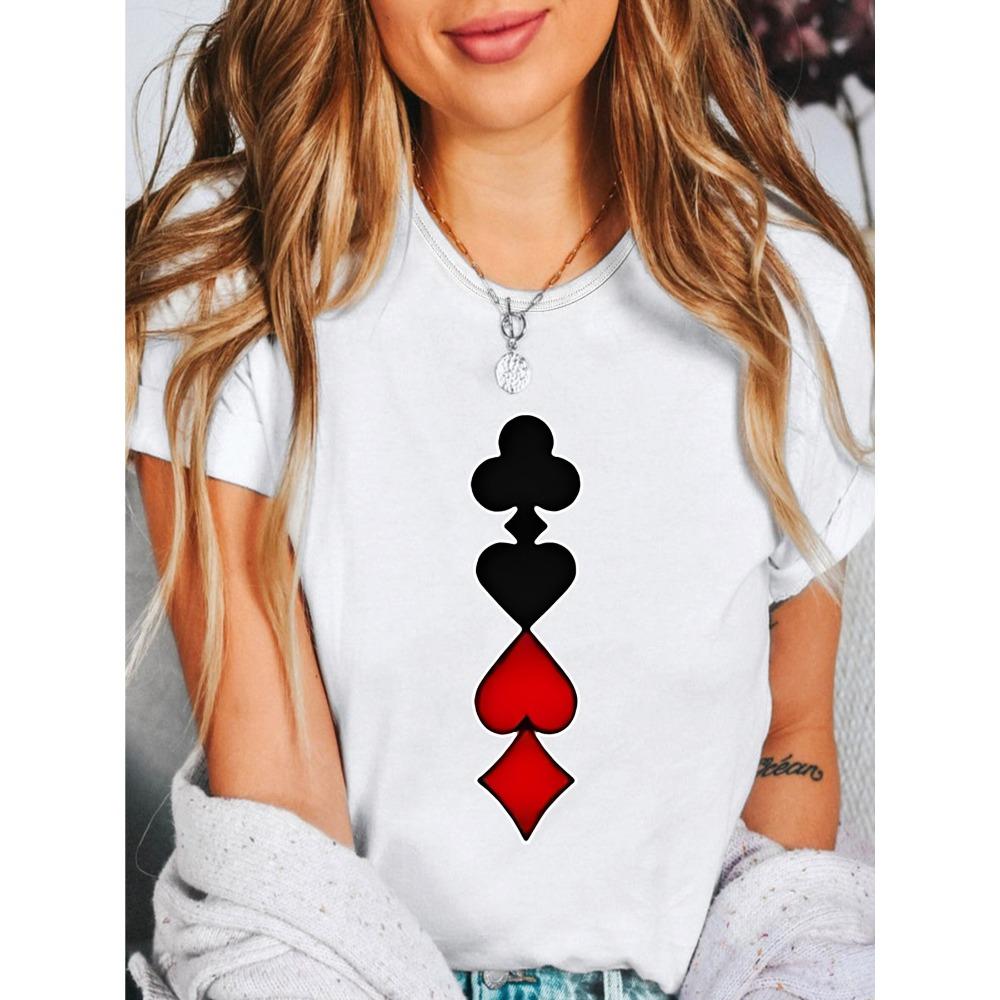 

Wo White Spade Card Print Stretch Sleeve Blouse with Red and Black Summer Short Sleeved Tops Tees S