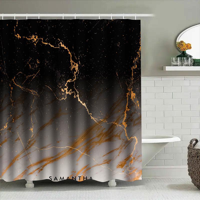 Luxury Marble Shower Curtain Set with Personalized Name 3D Printed Bathroom Decor for Home Decor in Grey Gold Color Size: Custom