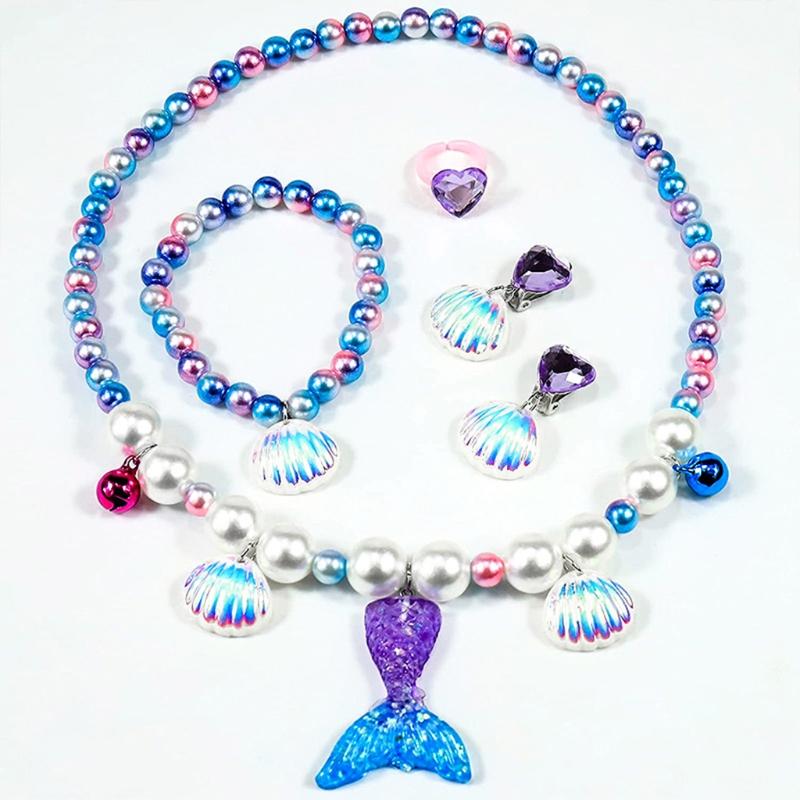 5 Pcs Kids Girls Princess Pearls Beads Necklace Bracelet Ring Set Jewelry Gift Fish Tail Cute Girl Beads