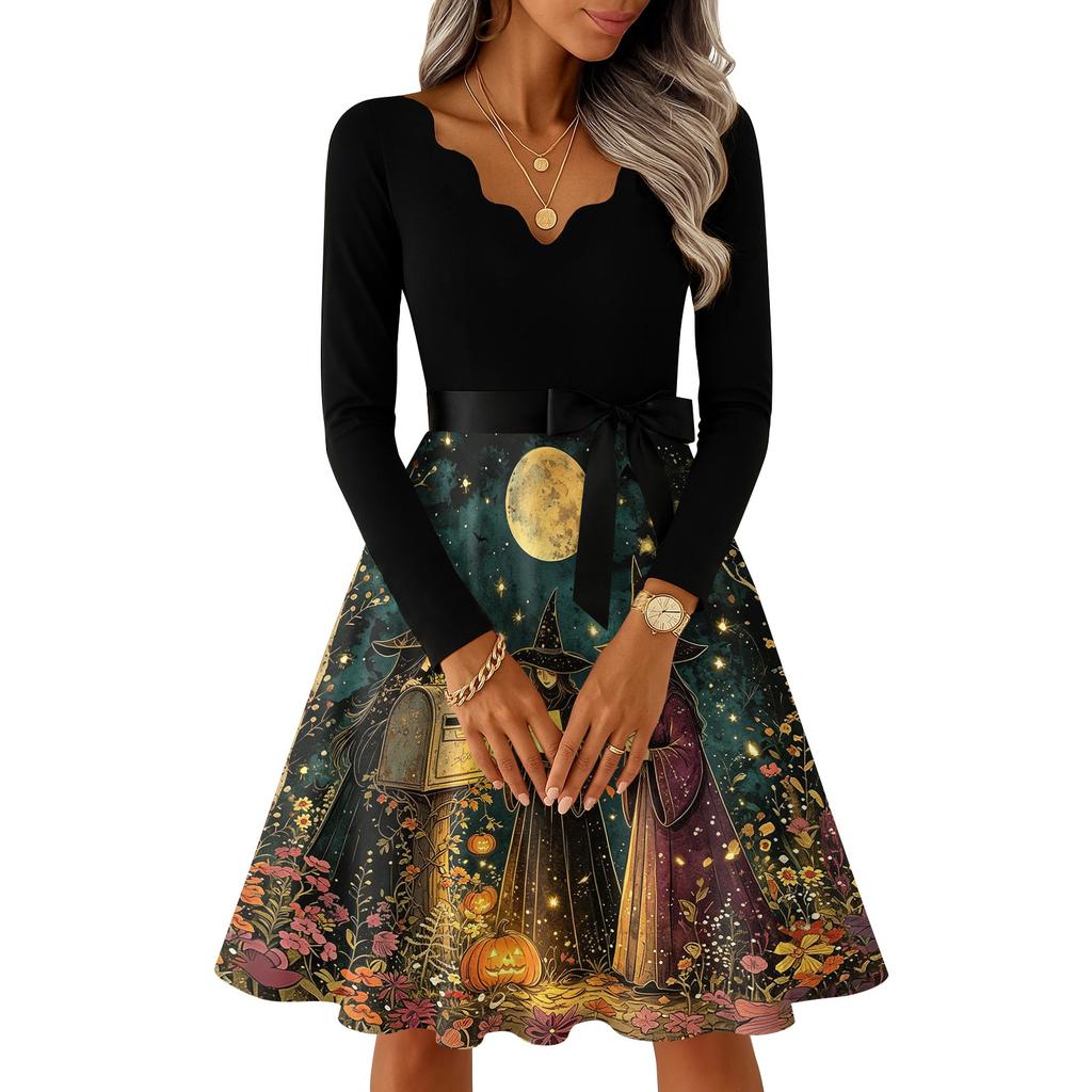 Women's V-Neck Long Sleeve Vintage Halloween Print Dress for Casual Everyday Wear