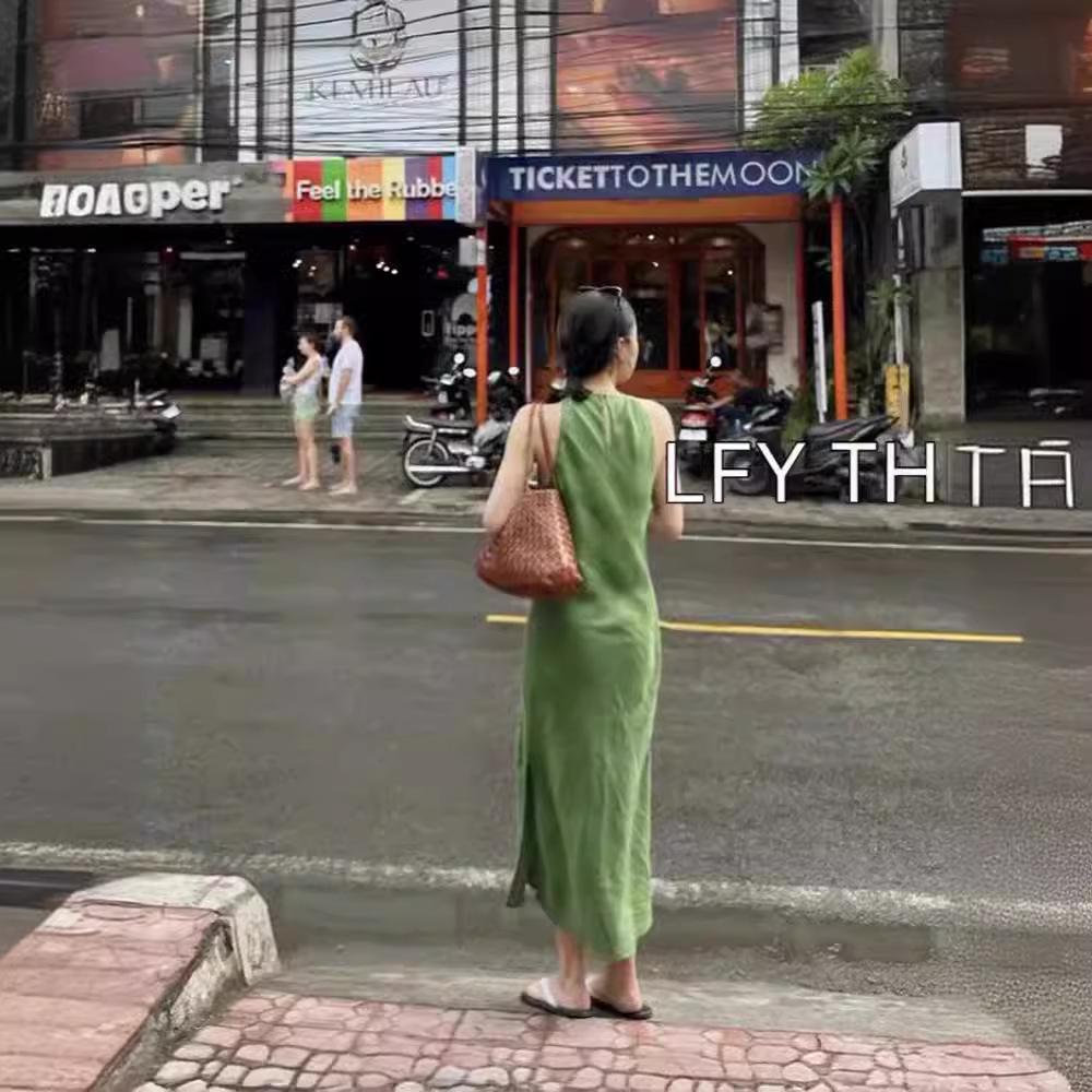 

45-Degree Bias Cut Linen Sleeveless Minimalist Dress M льняной/чёрный