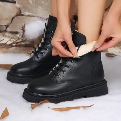 Brand Lace Up and Zipper Winter Women's Boots Round Toe Solid Plush Warm Platform Water Proof Commuting Boots