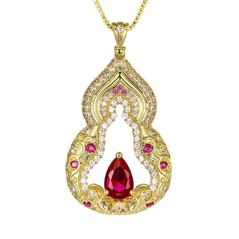 Exquisite Full Diamond Gourd Lotus Necklace with Carved Patterns and Gemstone Accents - New Chinese Style for Women