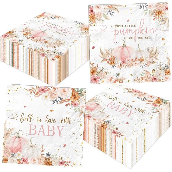 48Pcs Pink A Sweet Little Pumpkin is On The Way Napkins for Girls, Boho Little Pumpkin Baby Shower Decorations Fall Baby Shower Napkins Paper for