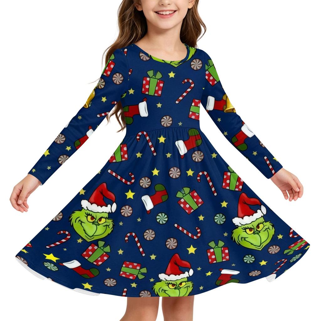 Weihnachtsdruck Langarmkleid für Mädchen mit Ärmeln für die Feiertagsparty und den Alltag