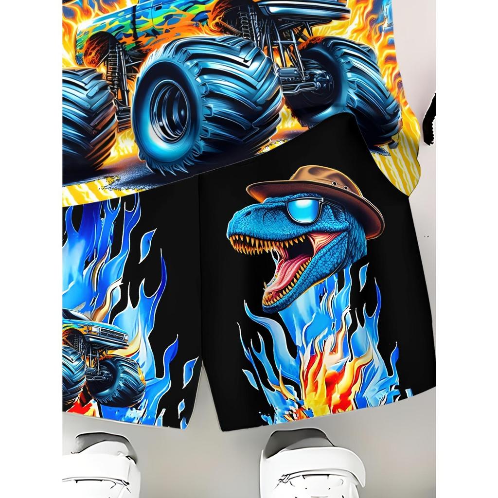 Boys' short sleeved shorts two-piece set, 3D printed dinosaur pattern cycling short sleeved T-shirt top+shorts set