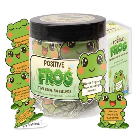 Positiv Groda Burk med 60 Affirmationskort Emotionellt Stöd Gåva för Kvinnor Män Tonåringar Vänner Kollegor Lärare Sjuksköterska