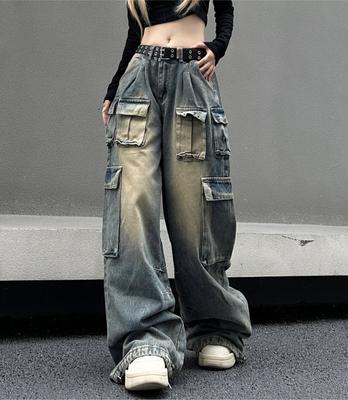 Multi-pocket Streetwear Cargo Pants Women Autumn Winter Wide-leg Washable Oversized Jeans Women Y2k Baggy Denim Pant