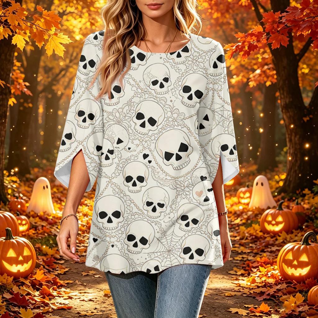 Women's Halloween Print Casual Loose Fit Three-Quarter Sleeve Round Neck Top