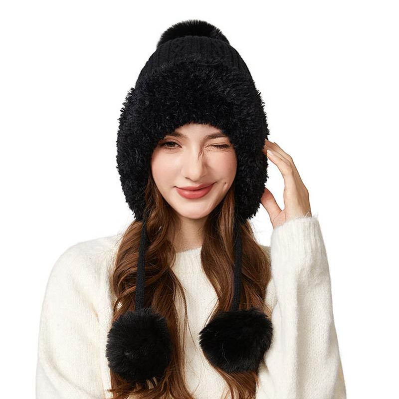 Winter Thick Ear Protection Knitted Cap Outdoor Windproof Velvet Three-Hair Ball Tether Warm Cap