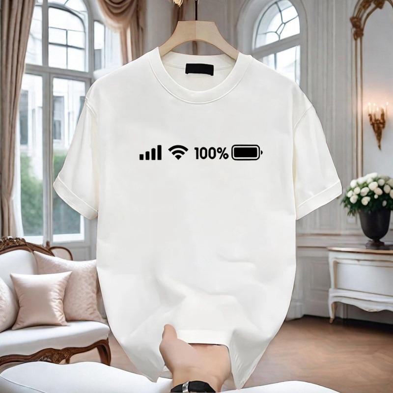 Low Battery 1% T-Shirt, Short Sleeve, Battery Full Signal Design, Pure Cotton, Couple Style, 2024 Collection, Large Size for Men