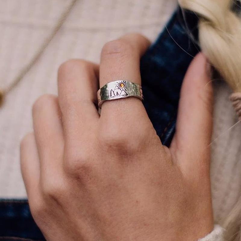Vintage Ring Forest Mountain Sunset Nature Landscape Carved Ring For Women Men Open Adjustable Jewelry Fashion Ring
