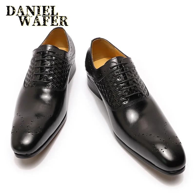 Fashion Men's Formal Oxford Brogue Shoes, Pointed Toe, Lace Up, Genuine Leather, Office, Wedding, Luxury Brand, Fashion