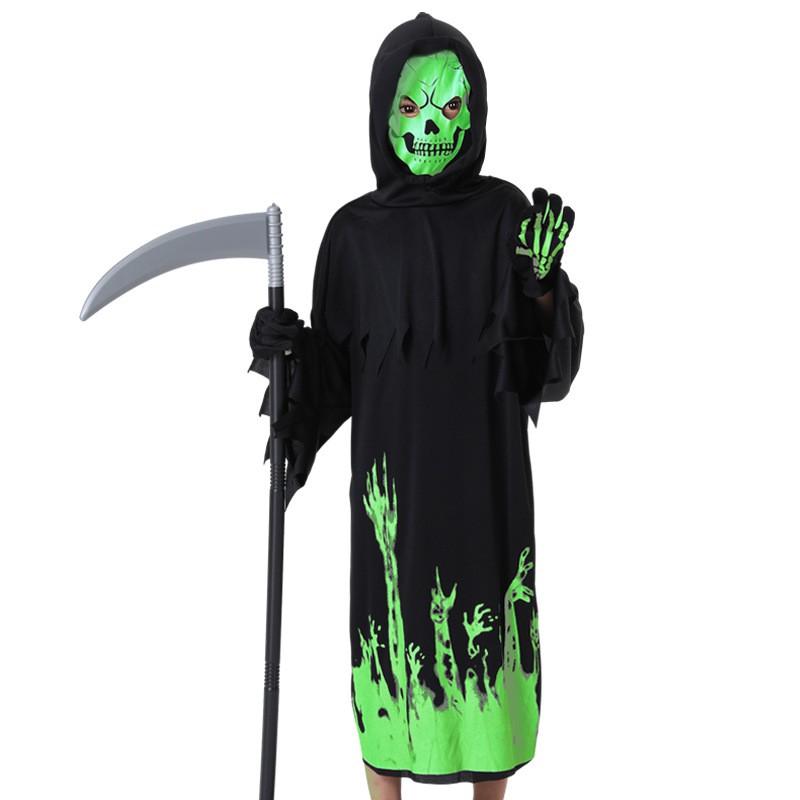 Halloween Grim Reaper Costume Set With Glow-in-the-Dark Hooded Robe Scythe Prop Cosplay Roleplay
