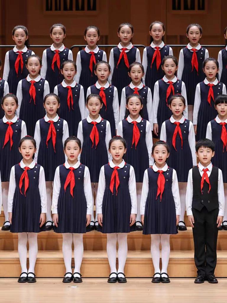 Children's Patriotic Choir Costumes - Boys & Girls Blue Outfits with Red Scarf for Recitation Competitions