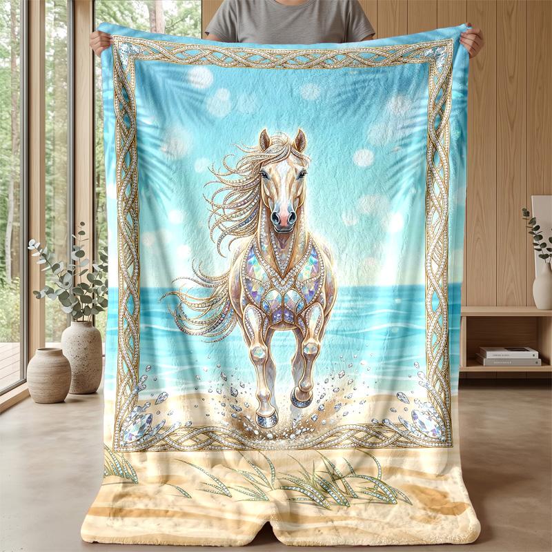 Oceanic Horse Majesty Theme Blanket Lightweight Warm Flannel Blanket Decorative Throw Blanket for Home Decoration