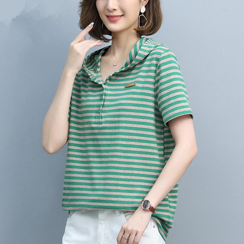 Flow Temperament Fashion Striped Hooded Short Sleeves Summer New Casual Large Size Women's Clothing Slim Top