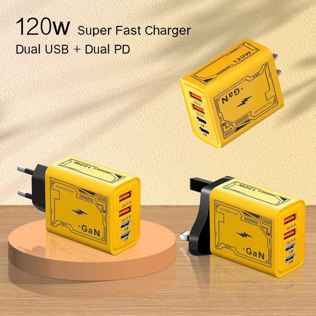 2C2A 120W PD Charger: Dual USB & Type-C 4-Port Adapter for European & American Phones