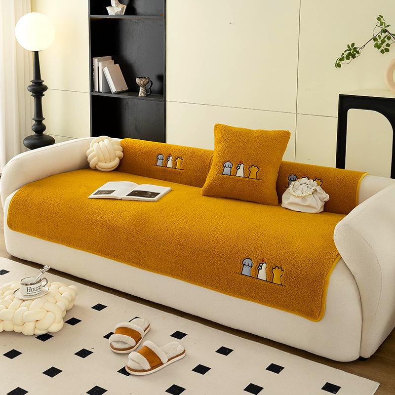 Lamb Plush Sofa Cushion Winter Warm Thickening Non-Slip Living Room Sofa Cover Cloth Universal Leather Sofa Recliner Cover