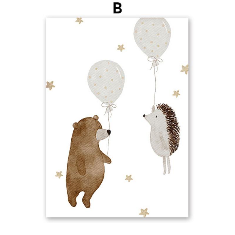 Boho Cartoon Bear Hedgehog Mouse Balloon Leaf Posters Art Prints Canvas Painting Wall Picture For Baby Kids Room Home Decoration