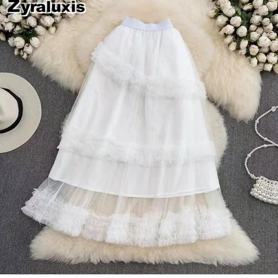 Autumn Sweet Retro Court Wood Ear Patchwork Irregular Cake Puffy Skirt Fairy Lace Mesh Half Skirt One Size белый