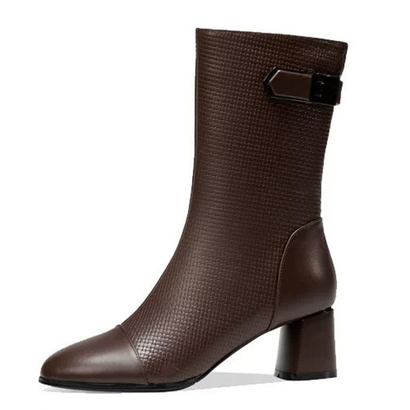 British Style Elegant Niche Temperament Thick Heel Medium Leather Boots Autumn and Winter New Versatile Round Head Thin Large Size Martin Boots