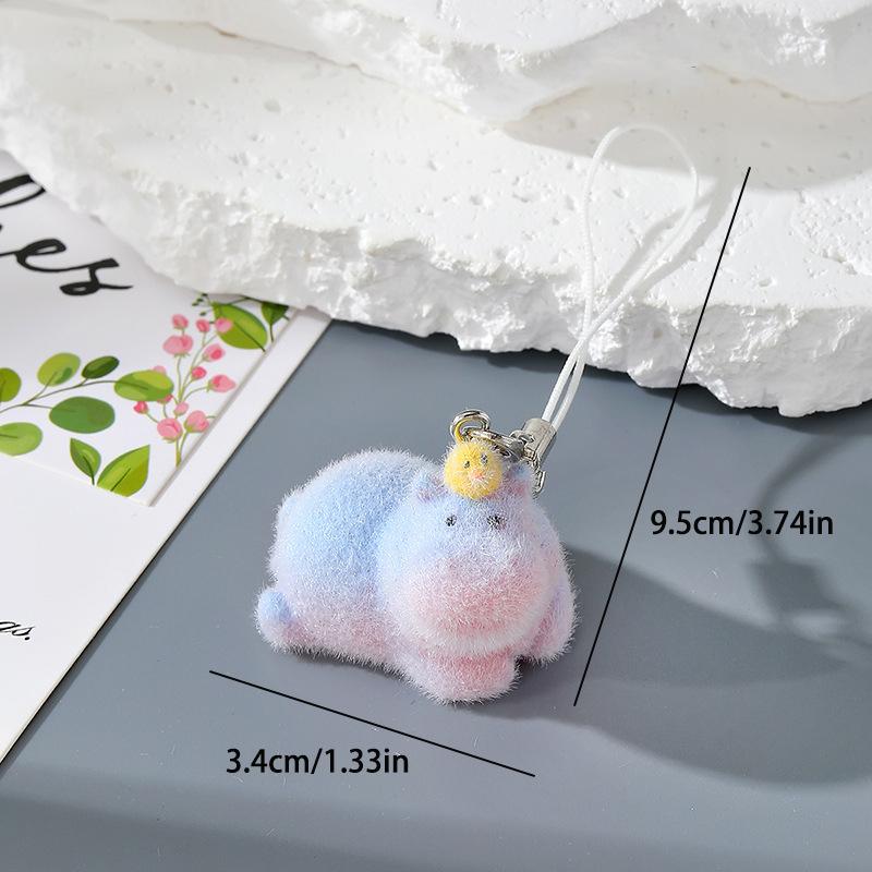 Fun Cartoon Flocking Animal Keychains Phone Lanyard Resin Cute Hexagonal Hedgehog Hippos Bag Earphone Case Pendant Girls Gift