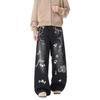 American washed old straight jeans boys summer new trendy brand loose casual graffiti wide leg trousers