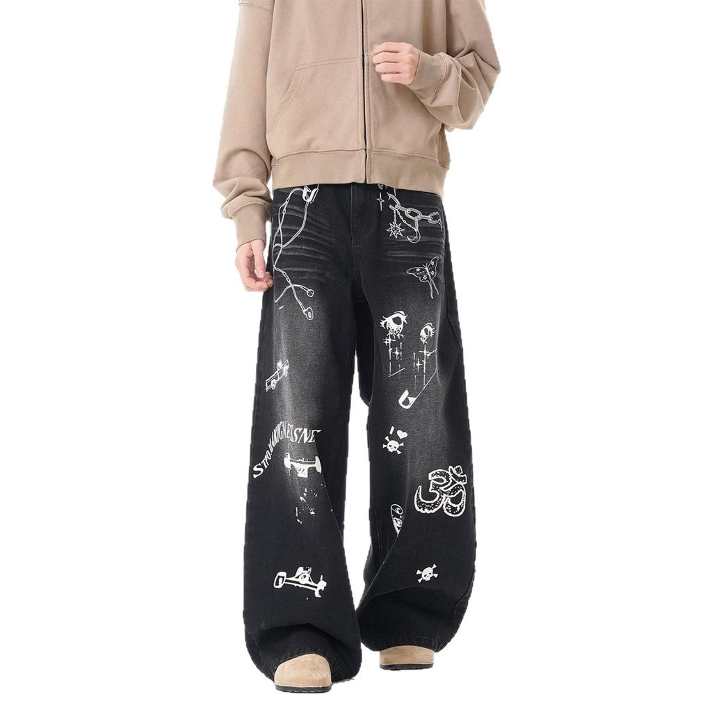 American washed old straight jeans boys summer new trendy brand loose casual graffiti wide leg trousers