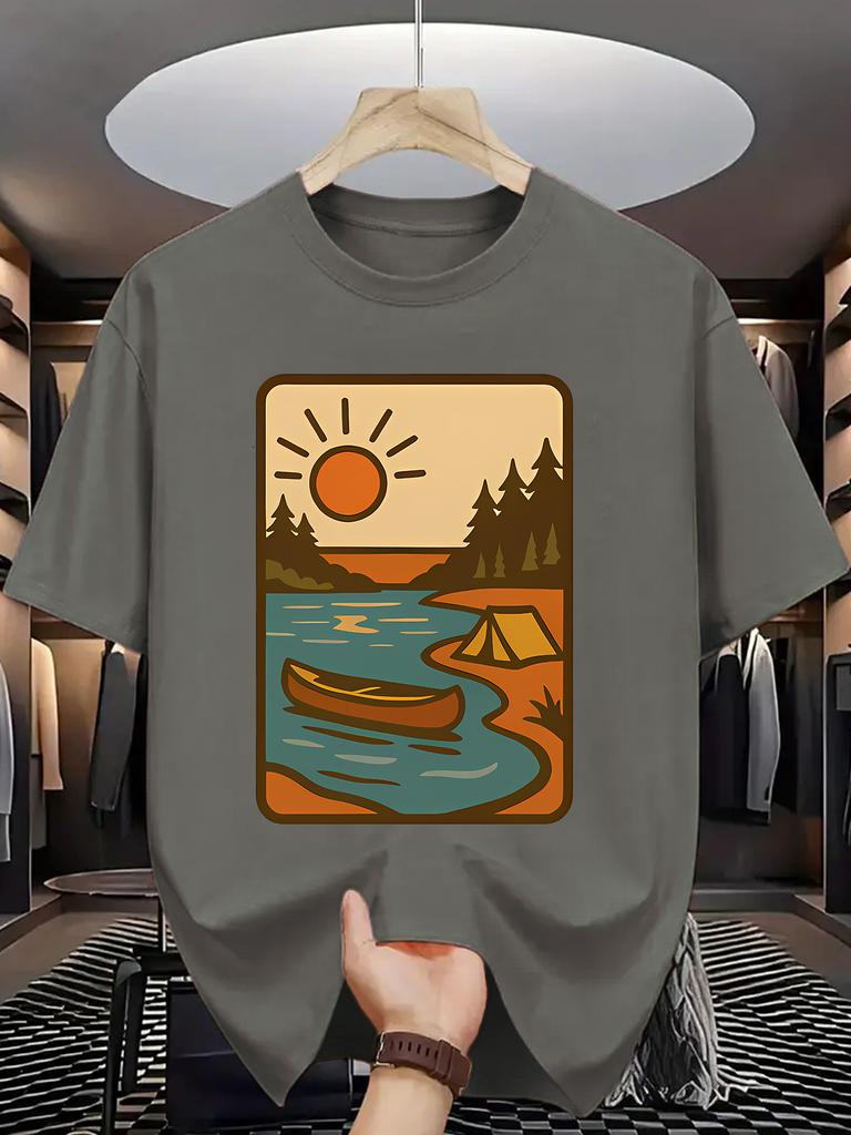 Vintage Camping Print Unisex Short Sleeve Tshirt Lake Canoe Tent Pine Tree Sun Frame O Neck Tee Outdoor Male Street Fashion Tops