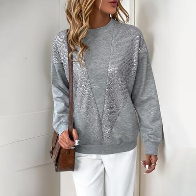 Spring Autumn Round Neck Loose Casual Sequins Sweatshirt Women Long Sleeve All-match Patchwork Pullover Top