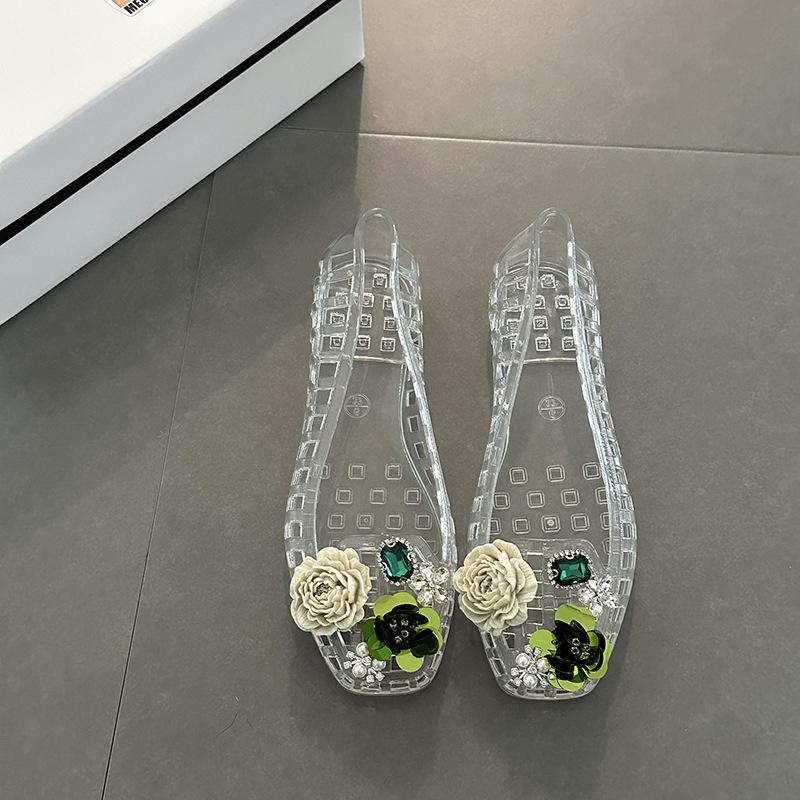 Diamond Sequins Flower Decorations Black Transparent Shoes for Women Summer Korean Style Hollowed Out Beach Flat Shoes