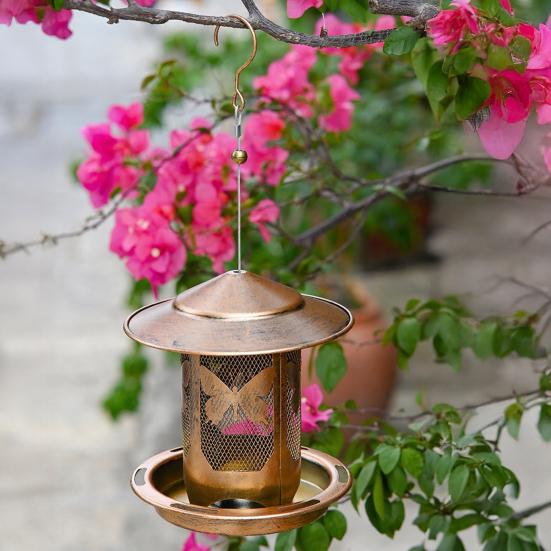Bird Feeder with Rainproof Roof Metal Feeder Large Capacity Grain Storage Bin And Tray Feeder for Outdoor Garden Patio